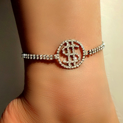 Punk, cristal strălucitor, semn de dolar mare, gleznă, brățară, bijuterii, comerț cu ridicata, lanț creativ de tenis, sandale desculțe, glezne pentru femei, noi