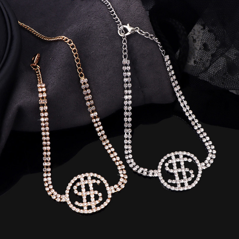 Punk, cristal strălucitor, semn de dolar mare, gleznă, brățară, bijuterii, comerț cu ridicata, lanț creativ de tenis, sandale desculțe, glezne pentru femei, noi