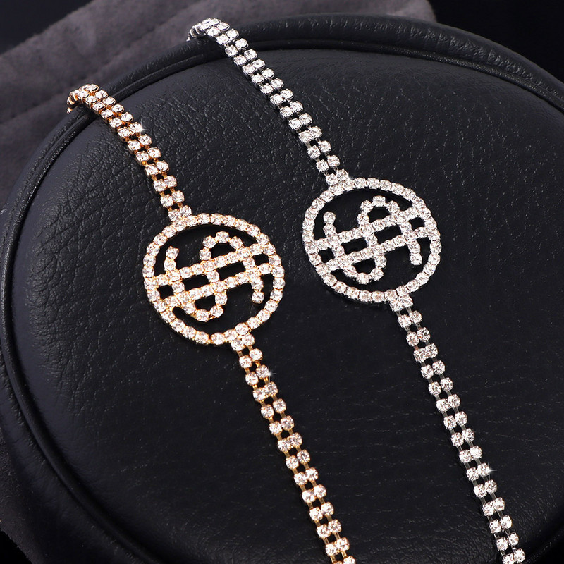 Punk, cristal strălucitor, semn de dolar mare, gleznă, brățară, bijuterii, comerț cu ridicata, lanț creativ de tenis, sandale desculțe, glezne pentru femei, noi