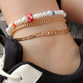 Perle de imitație albe simple, ciuperci, cu mărgele, bijuterii, cu mai multe straturi, lanț de gleznă din metal auriu, brățară de gleznă de vară
