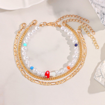 Perle de imitație albe simple, ciuperci, cu mărgele, bijuterii, cu mai multe straturi, lanț de gleznă din metal auriu, brățară de gleznă de vară