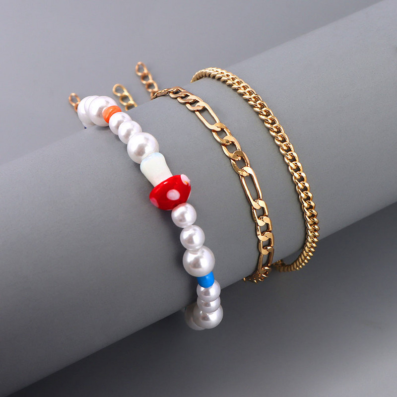 Perle de imitație albe simple, ciuperci, cu mărgele, bijuterii, cu mai multe straturi, lanț de gleznă din metal auriu, brățară de gleznă de vară