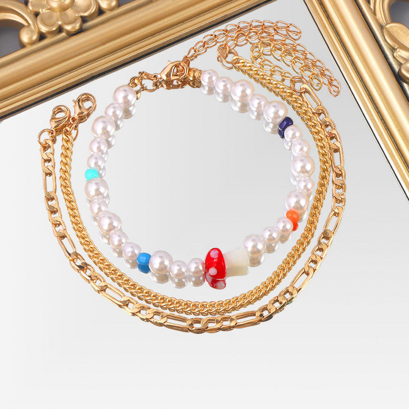 Perle de imitație albe simple, ciuperci, cu mărgele, bijuterii, cu mai multe straturi, lanț de gleznă din metal auriu, brățară de gleznă de vară