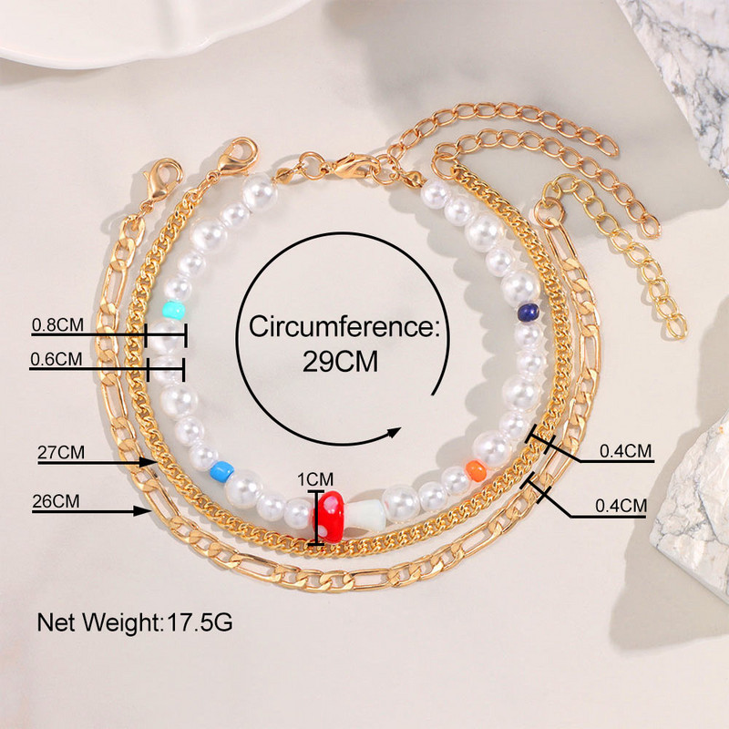 Perle de imitație albe simple, ciuperci, cu mărgele, bijuterii, cu mai multe straturi, lanț de gleznă din metal auriu, brățară de gleznă de vară