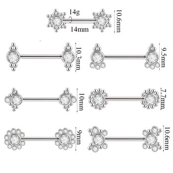 ДВОЙКА Пиърсинг за зърна от хирургическа стомана Цвете Пеперуда Пръстени за щанги за зърна Цирконов клъстер Щит за зърна Бижута за тяло 14gX14mm