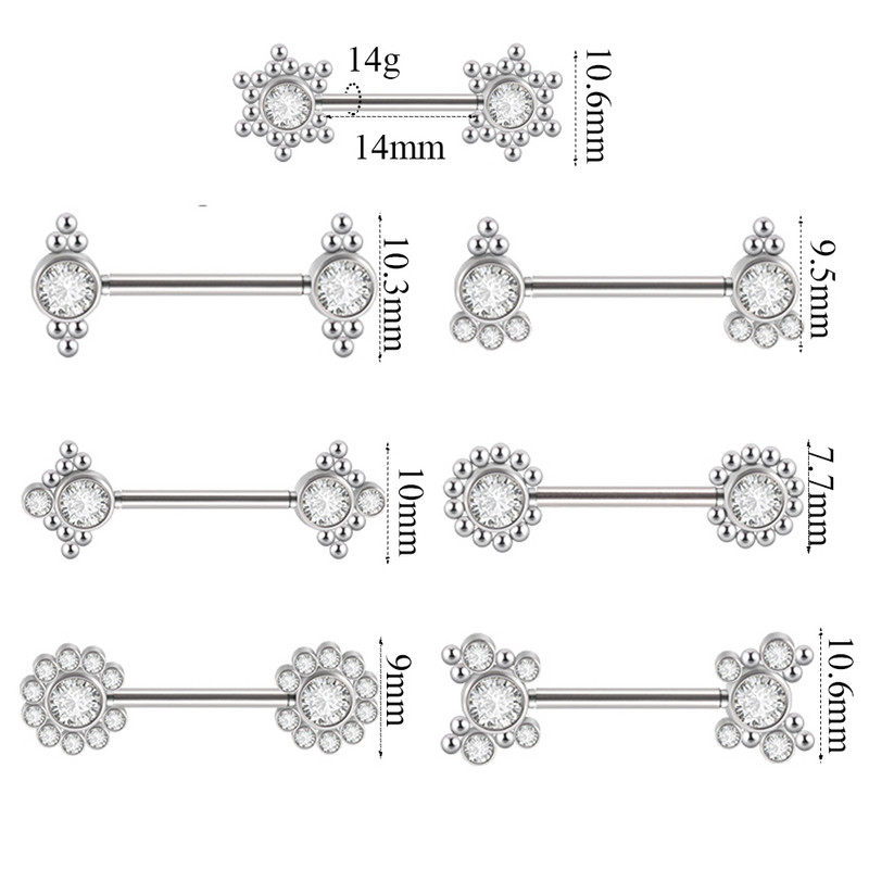 PERECHE Piercing pentru mamelon din oțel chirurgical, floare, fluture, inele cu mreană, grupa de zircon, scut pentru mamelon, bijuterii pentru corp 14gX14mm