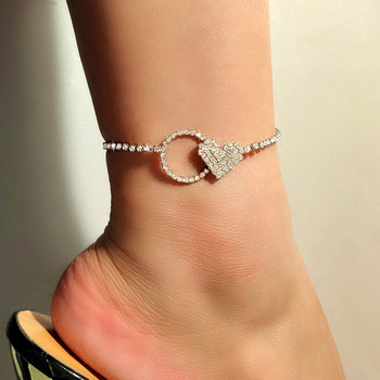 Βραχιόλι Boho Beach Round Heart Crystal Tennis Chain Anklet για γυναίκες Ασημί Χρώμα Απλό στρογγυλό βραχιόλι με ποδαράκια στα πόδια Κοσμήματα Χονδρική