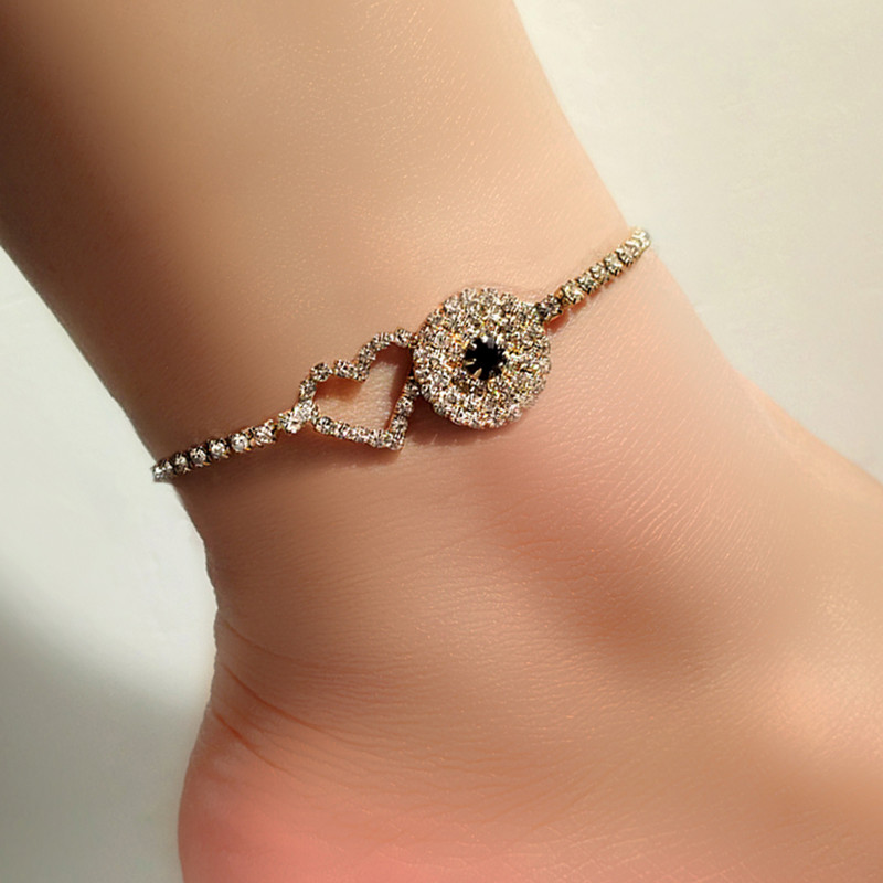 Petrecere pe plajă Bling Evil Eye gleznă Brățară Femei Bărbați Cristal Strasuri Inimă Lanț gleznă glezne Sandale Bijuterii Desculț