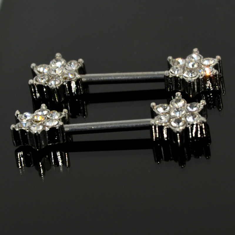 PERECHE Set de dinte din oțel chirurgical CZ Gem Flower Inele pentru mamelon Piercing Barbell Bijuterii pentru corp 14G