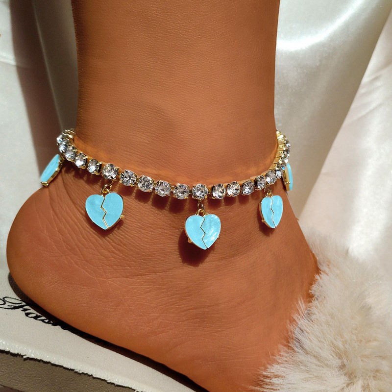 2021, acrilic, inimă frântă de dragoste, strasuri, gleznă de tenis, brățară pentru femei, lanț de gleznă cu inimă de cristal, bijuterii desculțe