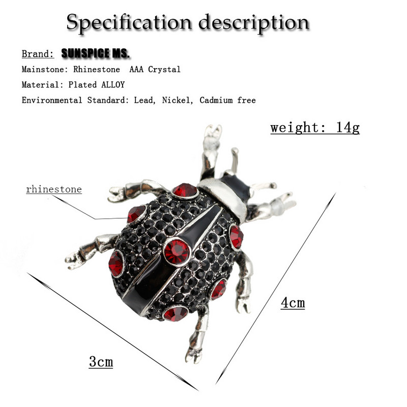 Încântător de cristal gândac insecte broșă ace pentru femei de culoare argint antic email negru rotund gărgăriță animal broșă bijuterii 2018