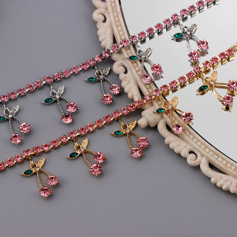 Bohemia Beach Crystal Cireșe gleznă pentru femei 2021 nou roz stras cireșe tenis glezna picior brățară bijuterii la modă