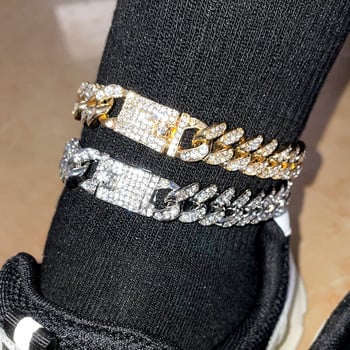 Iced Out Bling Кубински верижни глезени за жени Мъже Блестящи кристални кристали Маями масивна метална гривна за глезена Хип-хоп бижута