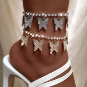 Bijuterii cu lanț de tenis cu fluture de cristal cu gheață pentru femei, de culoare auriu, argint, cu stras mare, lanț pentru picioare, bijuterii