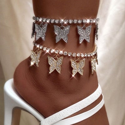 Bijuterii cu lanț de tenis cu fluture de cristal cu gheață pentru femei, de culoare auriu, argint, cu stras mare, lanț pentru picioare, bijuterii