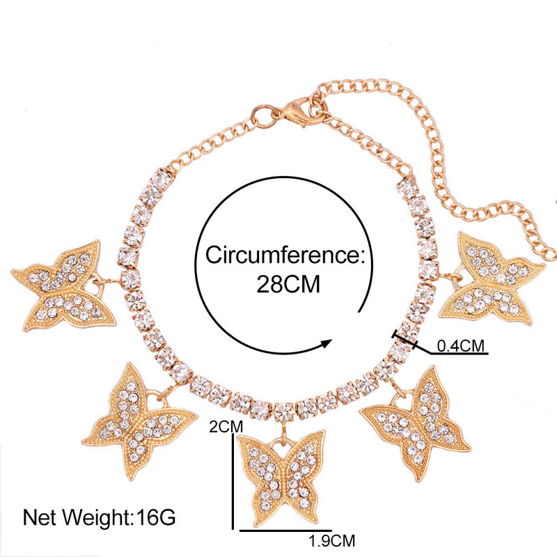 Bijuterii cu lanț de tenis cu fluture de cristal cu gheață pentru femei, de culoare auriu, argint, cu stras mare, lanț pentru picioare, bijuterii