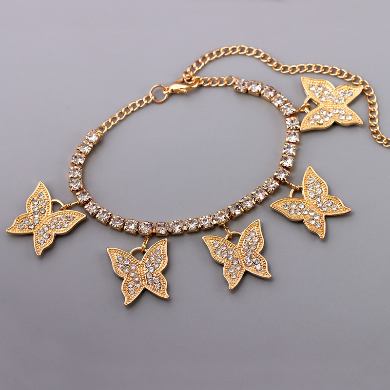 Bijuterii cu lanț de tenis cu fluture de cristal cu gheață pentru femei, de culoare auriu, argint, cu stras mare, lanț pentru picioare, bijuterii