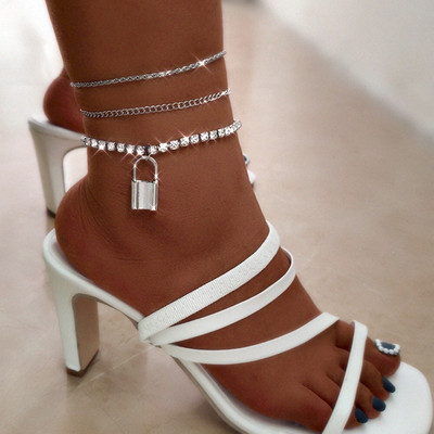 Set de gleznă cu lanț din os de pește din Boemia pentru femei, cu mai multe straturi, din metal simplu, cu lanț Figaro, brățară, bijuterii de petrecere pe plajă