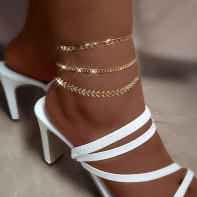 Set de gleznă cu lanț din os de pește din Boemia pentru femei, cu mai multe straturi, din metal simplu, cu lanț Figaro, brățară, bijuterii de petrecere pe plajă