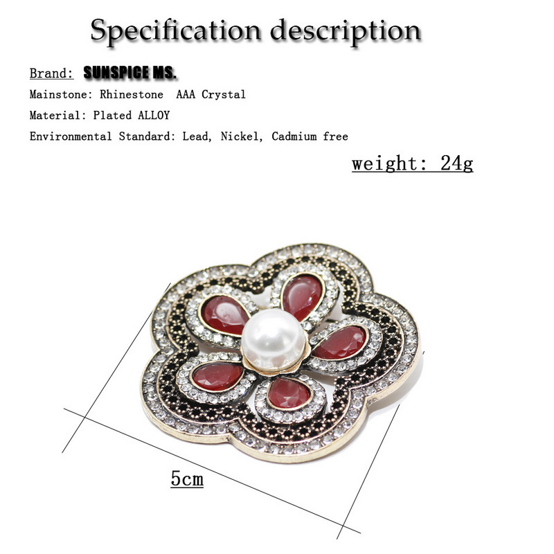 SUNSPICE MS Broșă de perle vintage Pin turcoaică pentru femei Hijab Corsaj de flori roșu, verde, albastru, rășină, nuntă indiană, bijuterii de mireasă