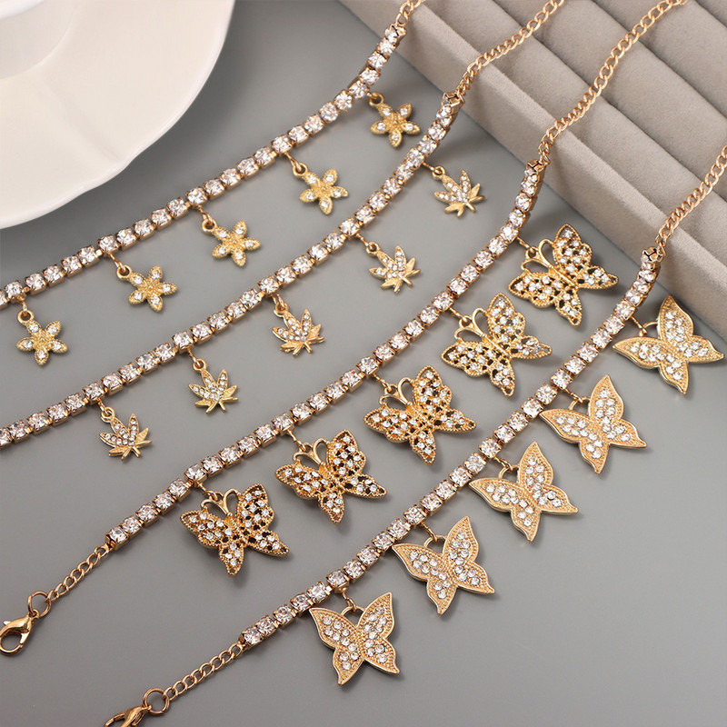 Summer Party Metal Fluture Pandantiv Tenis Lanț de gleznă pentru femei Cristal Fluture gleznă Brățară Pe Picior Bijuterii Picior