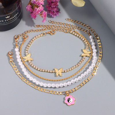 Brățară de gleznă cu lanț de metal, cu mai multe straturi, boeme, pentru femei, de culoare aurie, cu perle de fluture, brățară, bijuterii de plajă