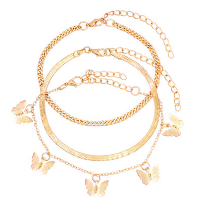 Brățară de gleznă cu lanț de metal, cu mai multe straturi, boeme, pentru femei, de culoare aurie, cu perle de fluture, brățară, bijuterii de plajă