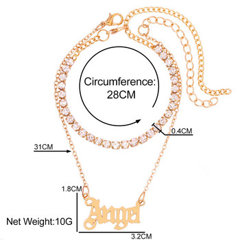 Лятна голяма двуслойна тенис гривна с кристали за глезена за жени Пънк ангелска буква Метална верига за глезена Плажни бижута за боси крака