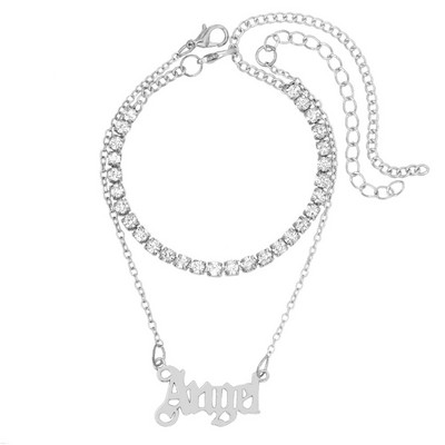 Vară mare strasuri dublu strat tenis gleznă brățară pentru femei punk înger scrisoare metal gleznă lanț plajă desculț bijuterii