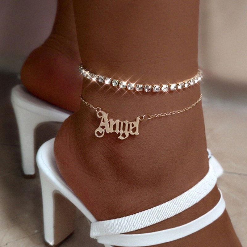 Vară mare strasuri dublu strat tenis gleznă brățară pentru femei punk înger scrisoare metal gleznă lanț plajă desculț bijuterii