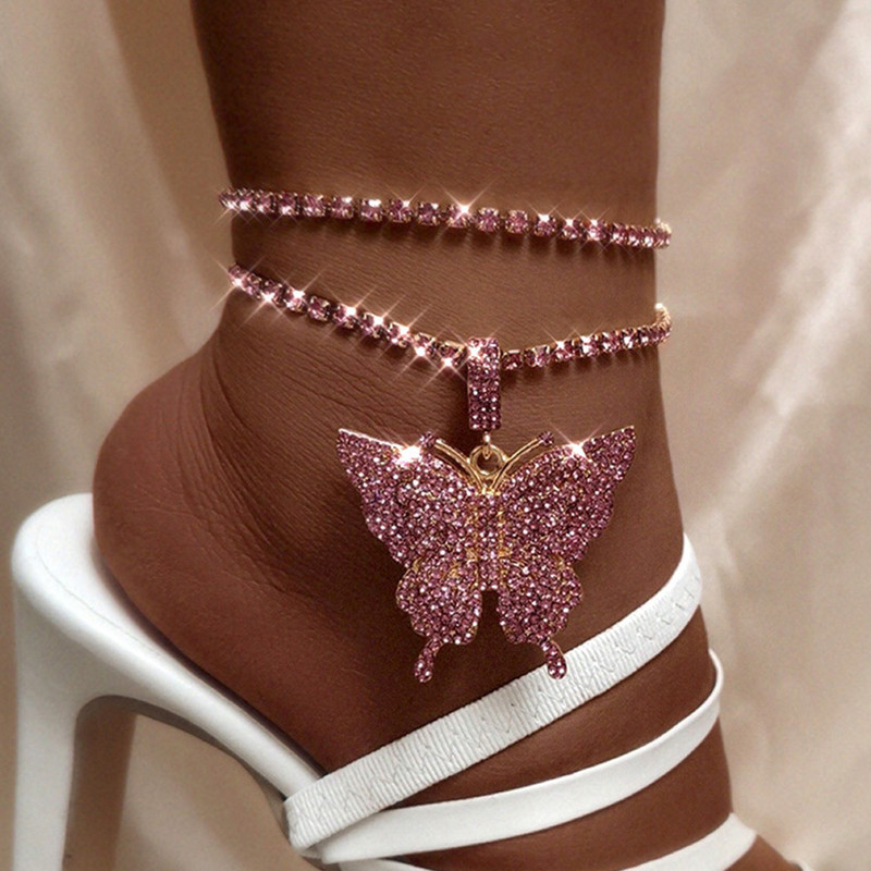2 buc/set Strălucitor Fluture Mare Cristal Strass glezne pentru femei Punk Multistrat Animal Farmecul Tenis gleznă Lant Bijuterii de vară