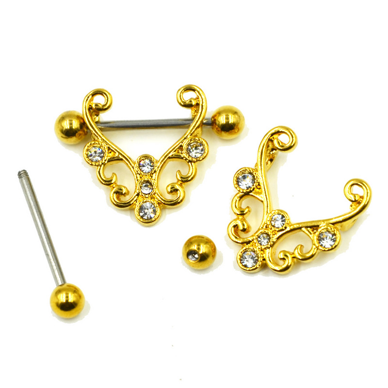 PERECHE Oțel chirurgical CZ Cristal Aur pentru mamelon Inel Etrier Barbell Piercing Scut Bijuterii 14g