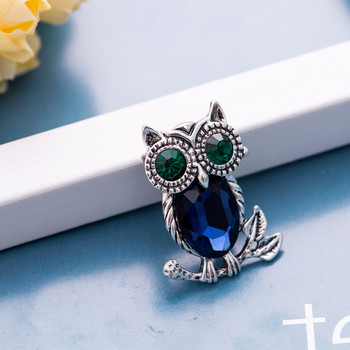 Sunspicems Fashion Owl Brooch Pin Дамска брошка с животни Големи кристални бижута Ретро сребърен цвят Детски подарък