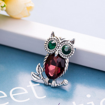 Sunspicems Fashion Owl Brooch Pin Дамска брошка с животни Големи кристални бижута Ретро сребърен цвят Детски подарък