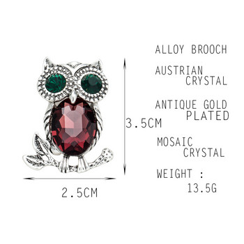 Sunspicems Fashion Owl Brooch Pin Дамска брошка с животни Големи кристални бижута Ретро сребърен цвят Детски подарък