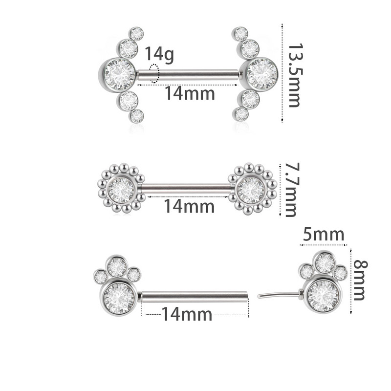 2db mellbimbós súlyzó piercing rozsdamentes acél nyomó fürtben CZ drágakő mellbimbó gyűrűk Shield 14mm Bar Sun 14g női testékszerekhez
