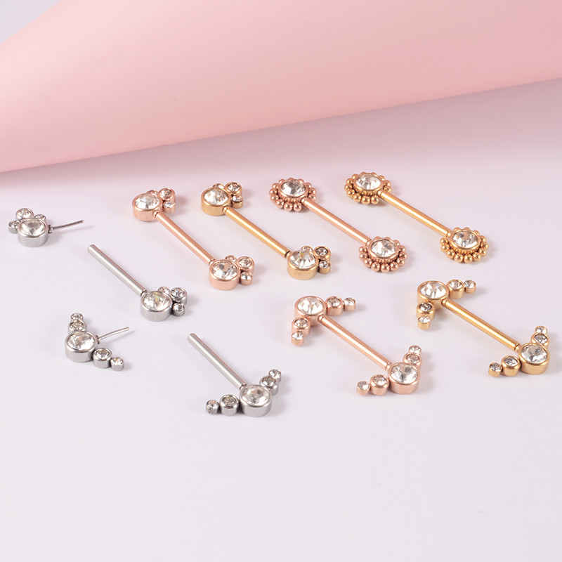 2db mellbimbós súlyzó piercing rozsdamentes acél nyomó fürtben CZ drágakő mellbimbó gyűrűk Shield 14mm Bar Sun 14g női testékszerekhez