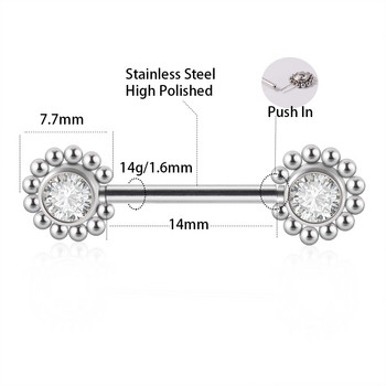 Чифт хирургическа стомана 14gX14mm Пъхване на зърното Мряна за пиърсинг Скъпоценен камък Слънчево цвете Пръстен за зърното Щит Бижута за тяло