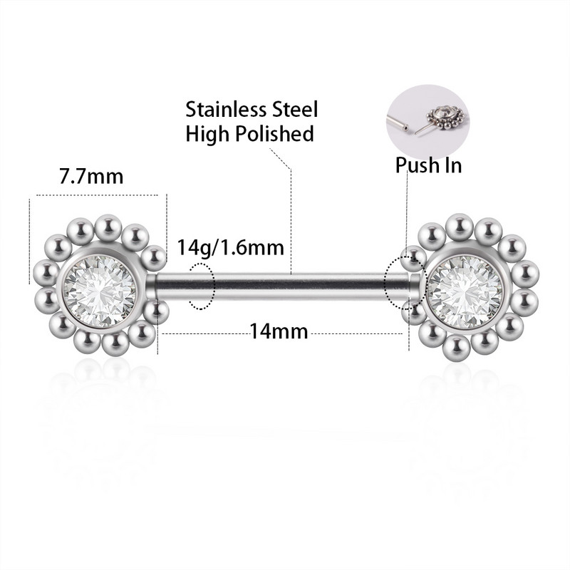 Pereche oțel chirurgical 14gX14mm Push In mamelon Barbell Piercing Bijuterie Soare Floare Mamelon Inel Scut Bijuterii pentru corp