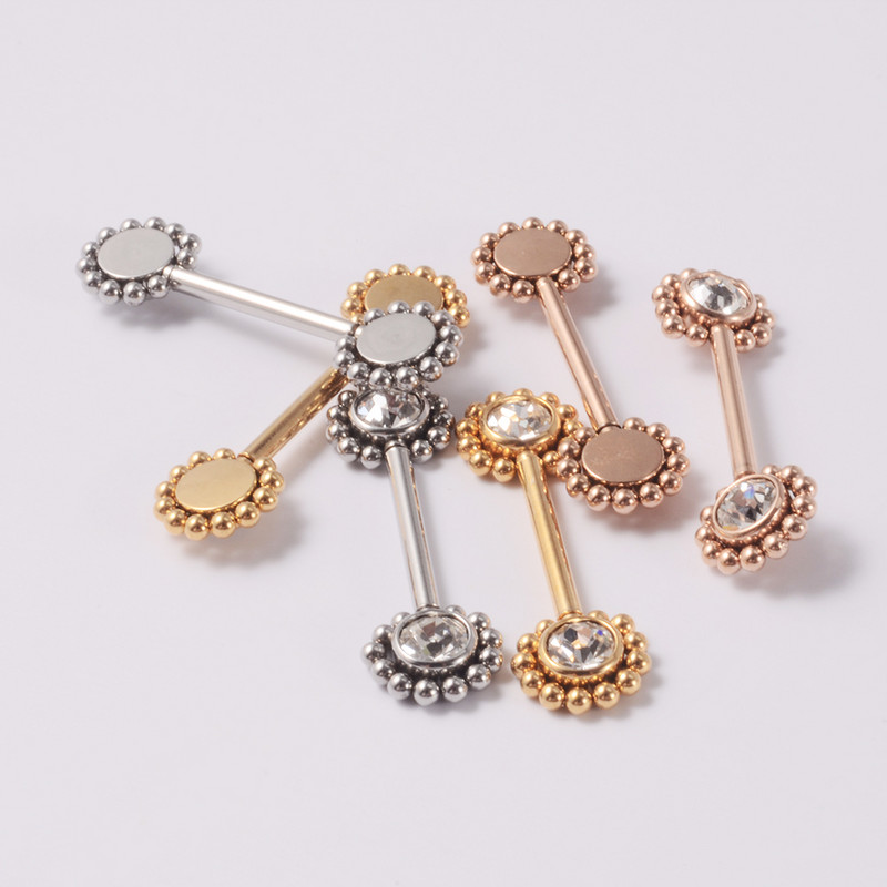 Pereche oțel chirurgical 14gX14mm Push In mamelon Barbell Piercing Bijuterie Soare Floare Mamelon Inel Scut Bijuterii pentru corp