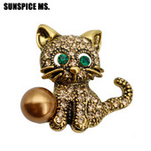 Broșă clasică de pisică cu animale, ace de perle venețiene pentru femei, broșe vintage cu strass complet, broșe pentru copii, cadou minunat 2018, Rusia