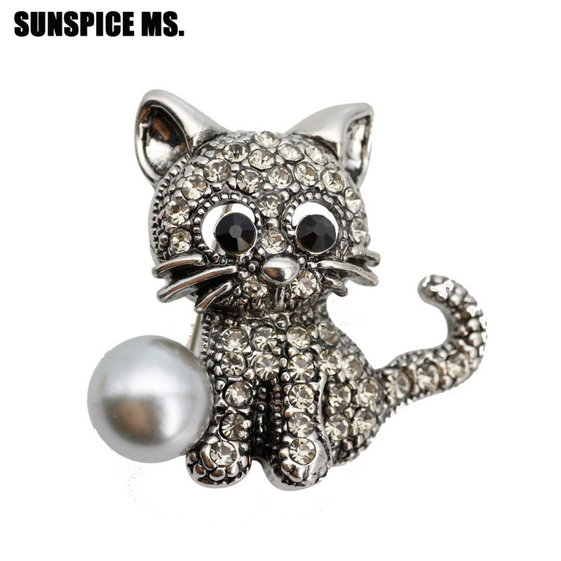 Broșă clasică de pisică cu animale, ace de perle venețiene pentru femei, broșe vintage cu strass complet, broșe pentru copii, cadou minunat 2018, Rusia