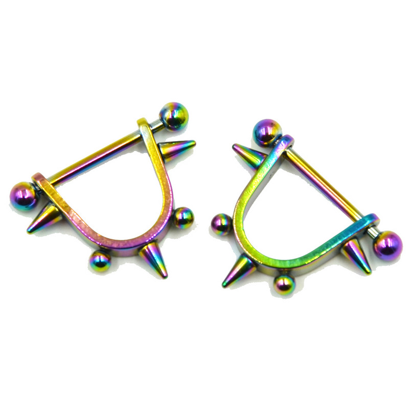 PERECHE de bare de inele pentru mamelon din oțel chirurgical pentru scut pentru mamelon cu țepi curcubeu, pereche de bijuterii pentru corp, calibrul 14