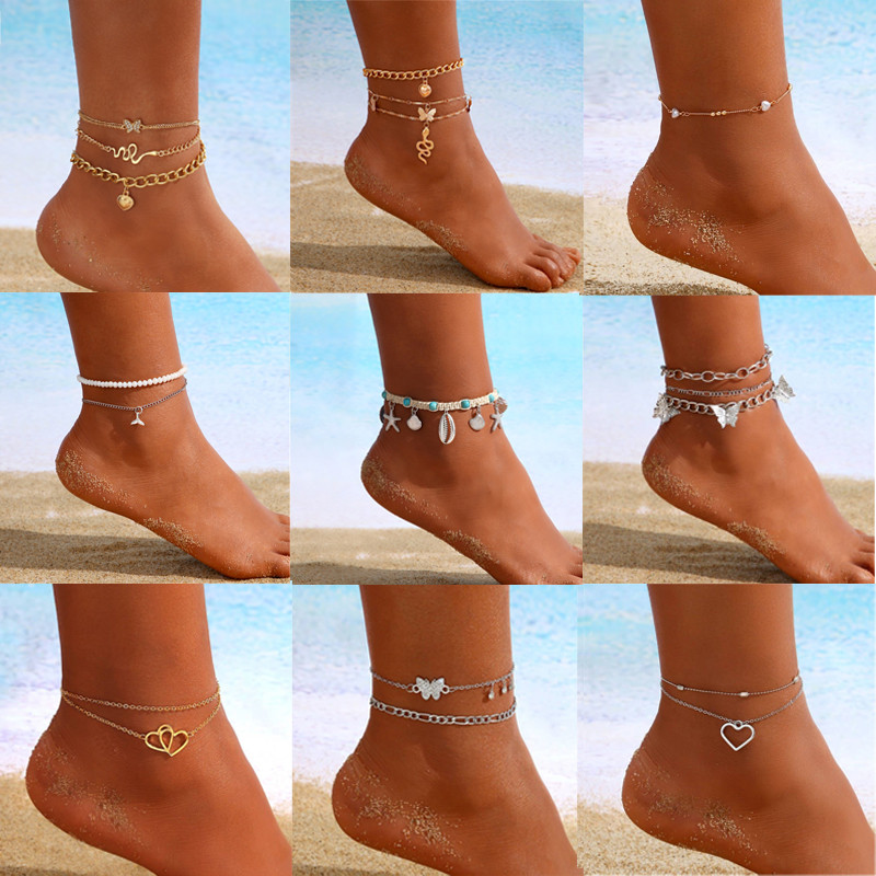 Set de glezne cu mai multe straturi de șarpe 17KM, pentru femei, gleznă de inimă boema, metal boem, de culoare aurie, brățară placată cu argint, bijuterii de modă