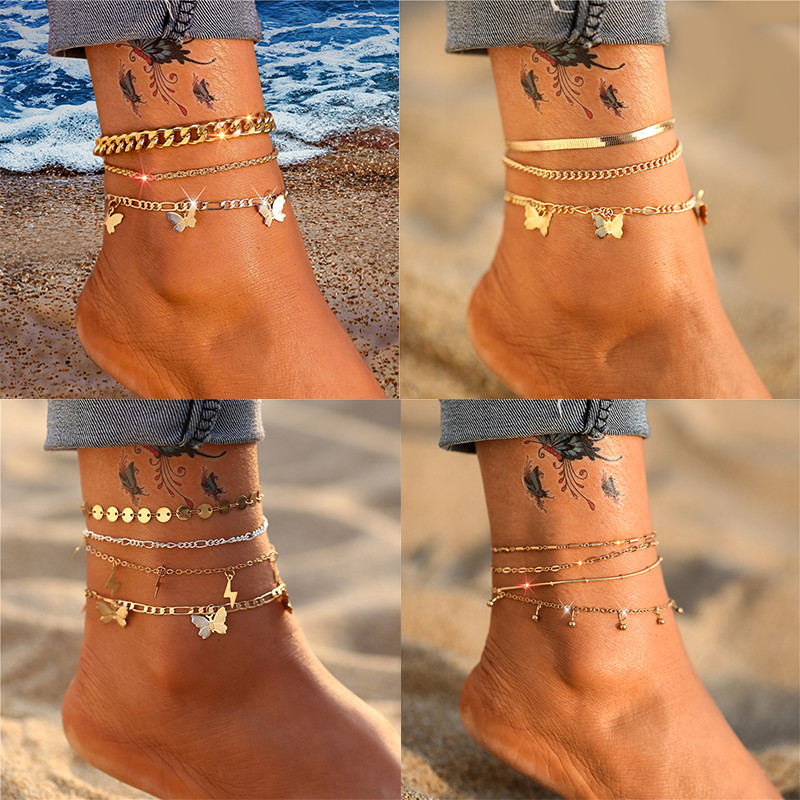 Set de glezne cu lanț de fluture de culoare aurie boemă de 17 km pentru femei, fată, modă, cu mai multe straturi, gleznă, gleznă, brățară, bijuterii de plajă