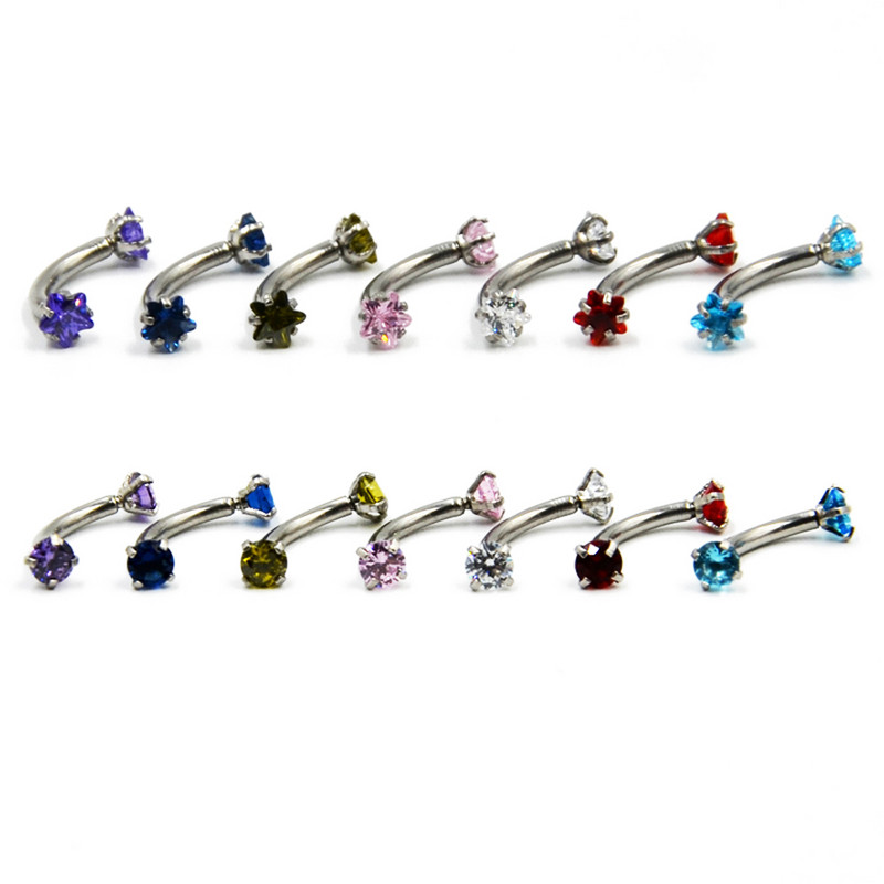 2 бр. Зъбец за настройка Звезда и кръгъл кубичен циркон Извит мрян Пиърсинг Пръчка за вежди Пръстен Банан Фиксатори за устни Ушен хрущял Спирала