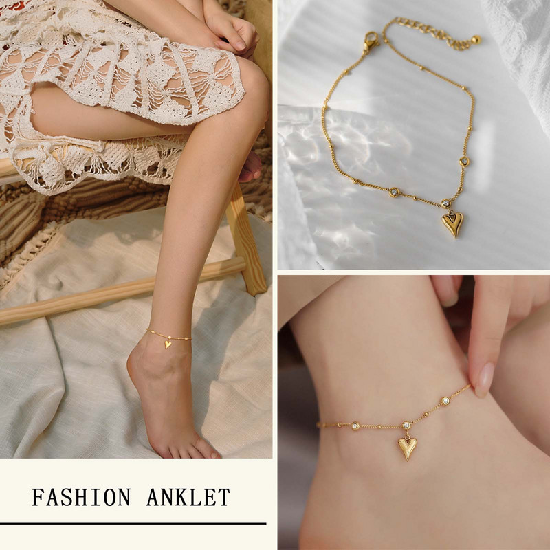 Brățară de gleznă cu lanț de satelit de inimă pentru femei Bijuterii de vară din oțel inoxidabil Danity Zirconiu