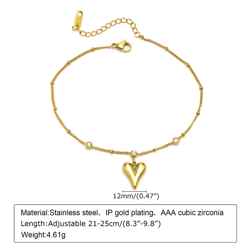 Brățară de gleznă cu lanț de satelit de inimă pentru femei Bijuterii de vară din oțel inoxidabil Danity Zirconiu