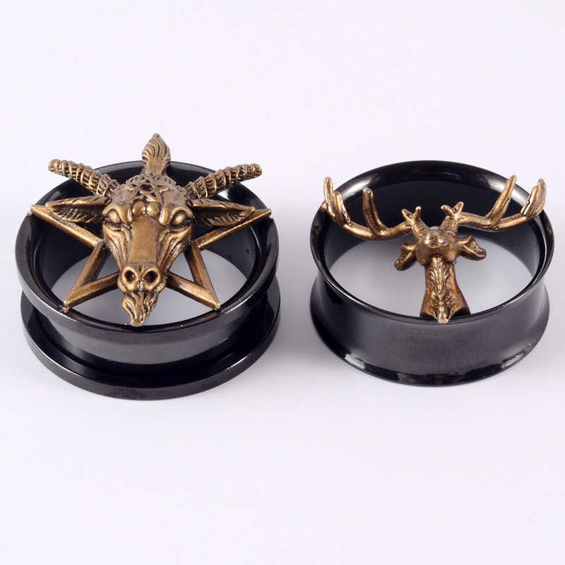 PERECHE Indicatori dopuri pentru urechi FleshTunnel Cercei cu șurub negru în spate Upgrade Piercing Double Flare Coarne de ren Stretchers Expander