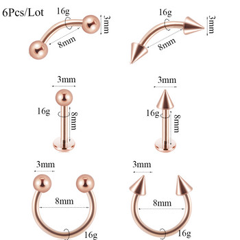 12Pcs Анодизирана хирургическа стомана от хирургическа стомана, устни, пленени мъниста, пръстени, извити вежди, щанга, пиърсинг, спирала, хрущял, трагусна обица